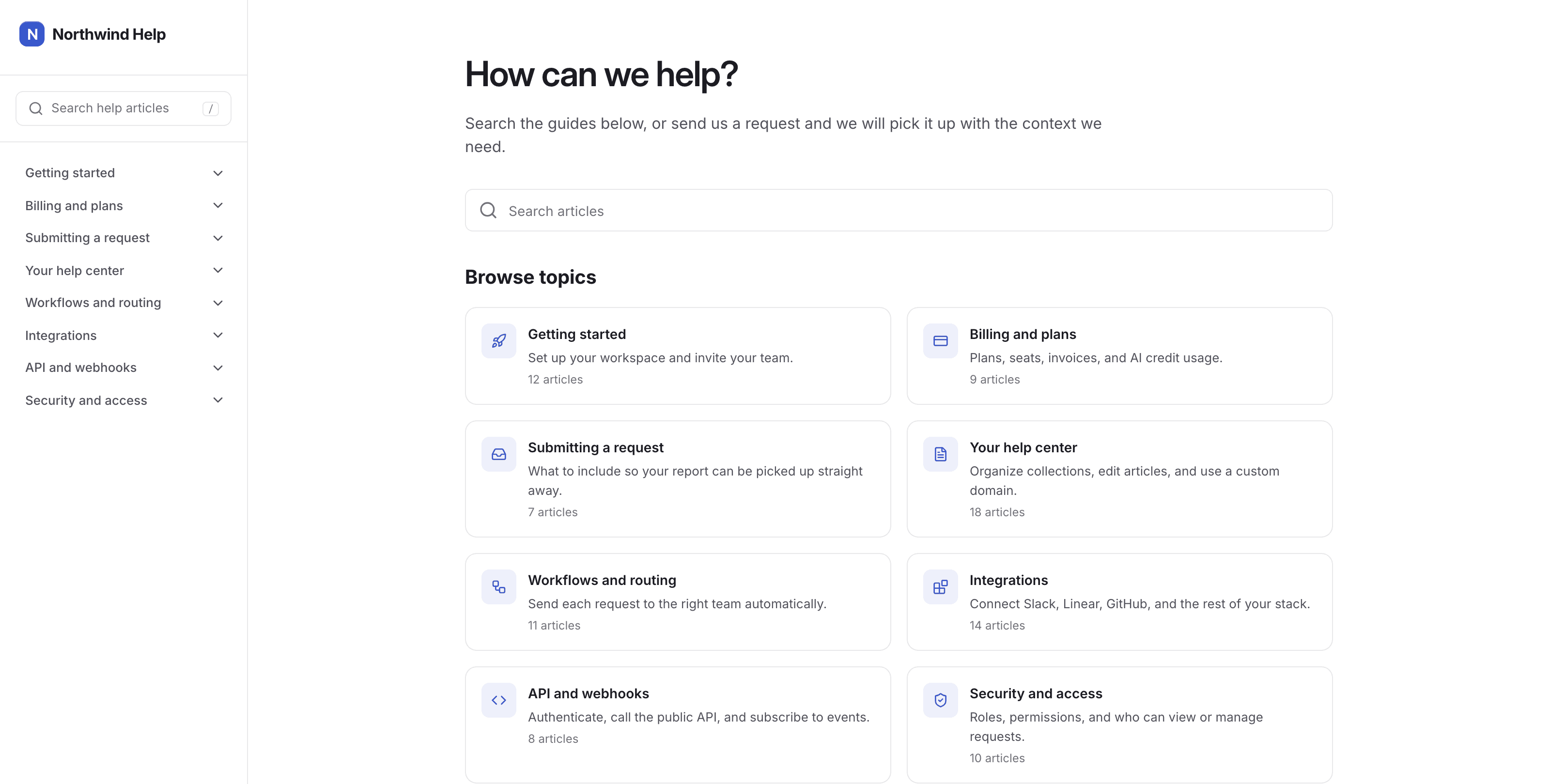 Supahelp help center home page with a grouped navigation rail and browsable topics
